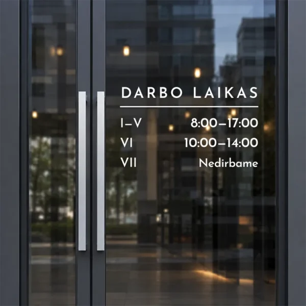 Darbo laiko lipdukas ant stiklinių durų – baltos raidės